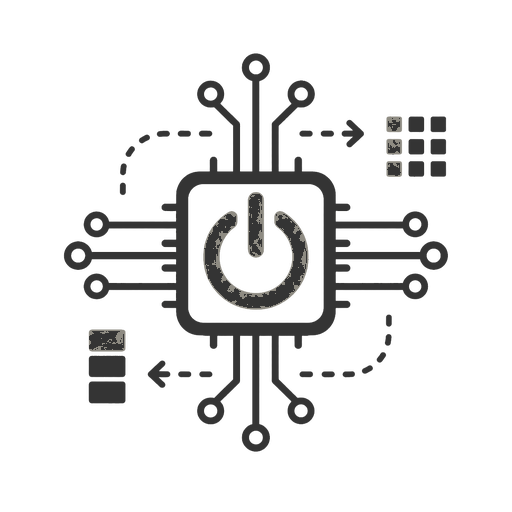 Power symbol integrated into an AI compute chip with routing cues.