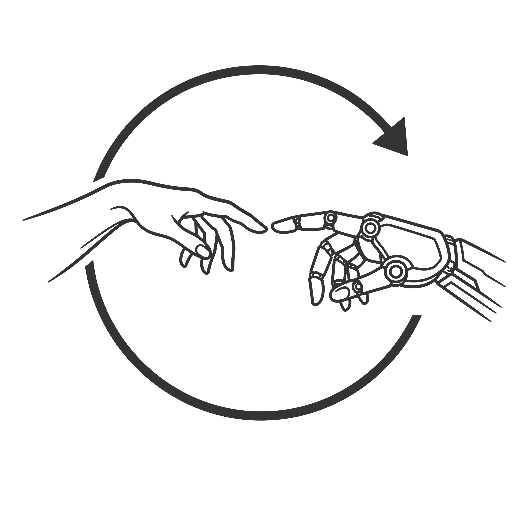 Human and robotic hands connected by a circular evolution arrow.